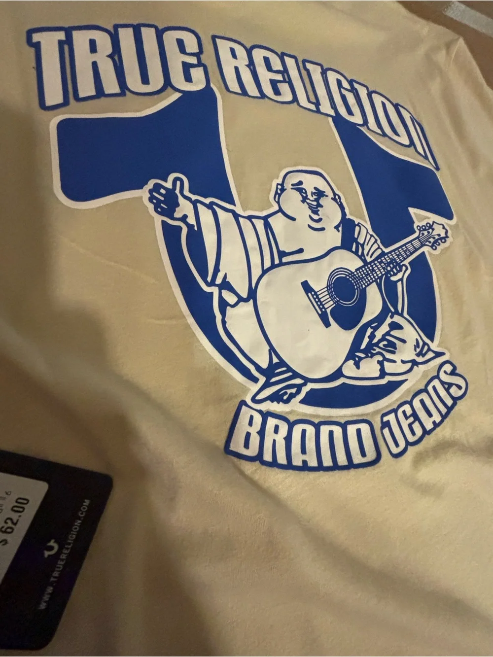 True Religion Short Sleeve Graphic Tee in Beige with Blue Logo